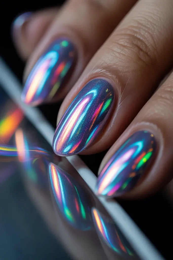 Holographic rainbow oval nails