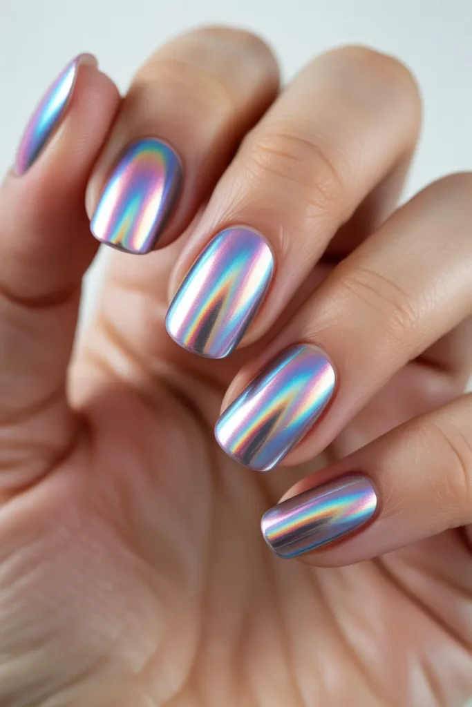 Iridescent chrome nails with a holographic glow