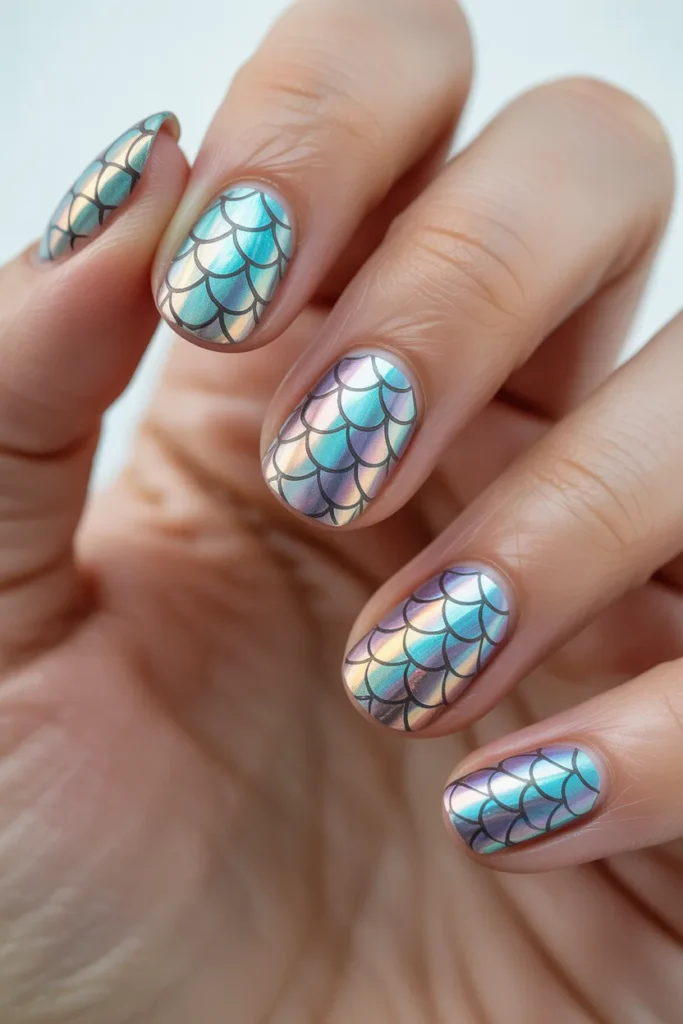 Iridescent nails with mermaid scale pattern