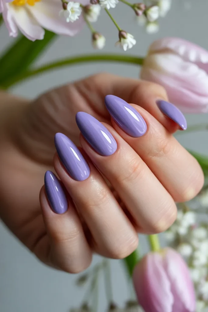 Lavender gel nails with almond shape