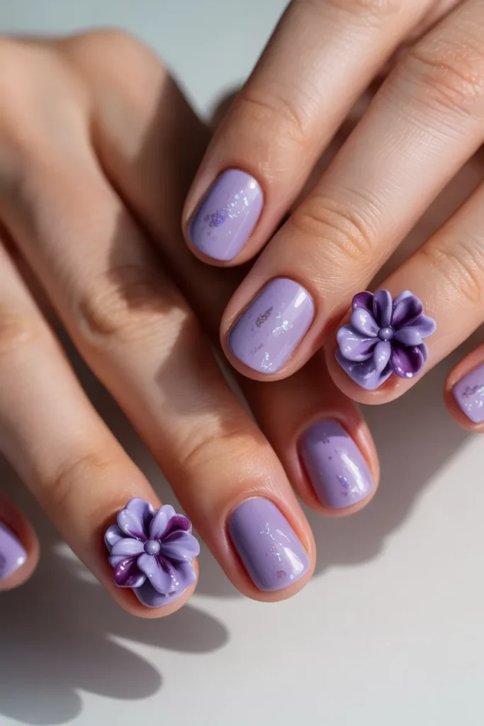 Lavender nails with 3D purple flowers