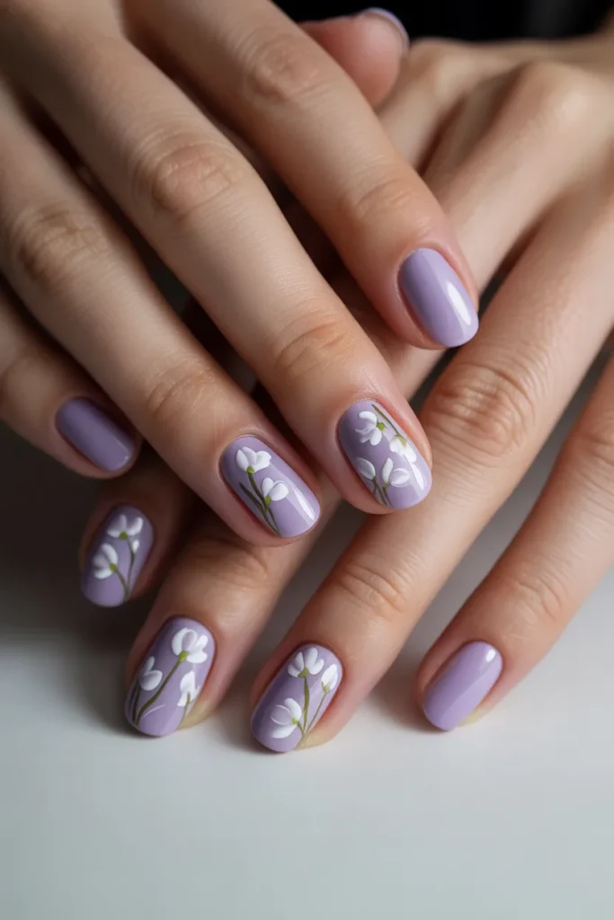  Lavender nails with small white floral designs