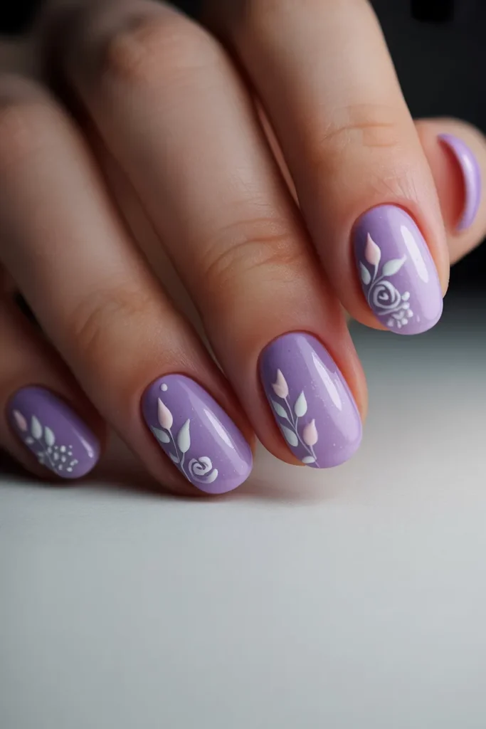 Lavender nails with tiny floral accents