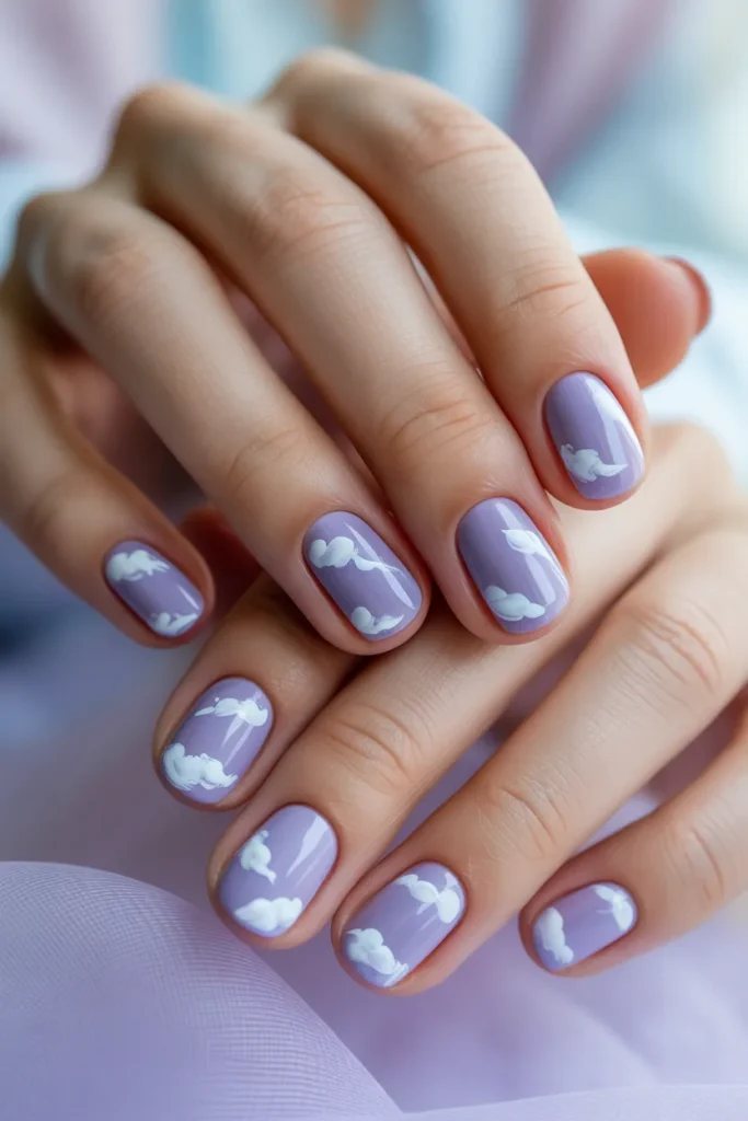 Lavender nails with white cloud patterns