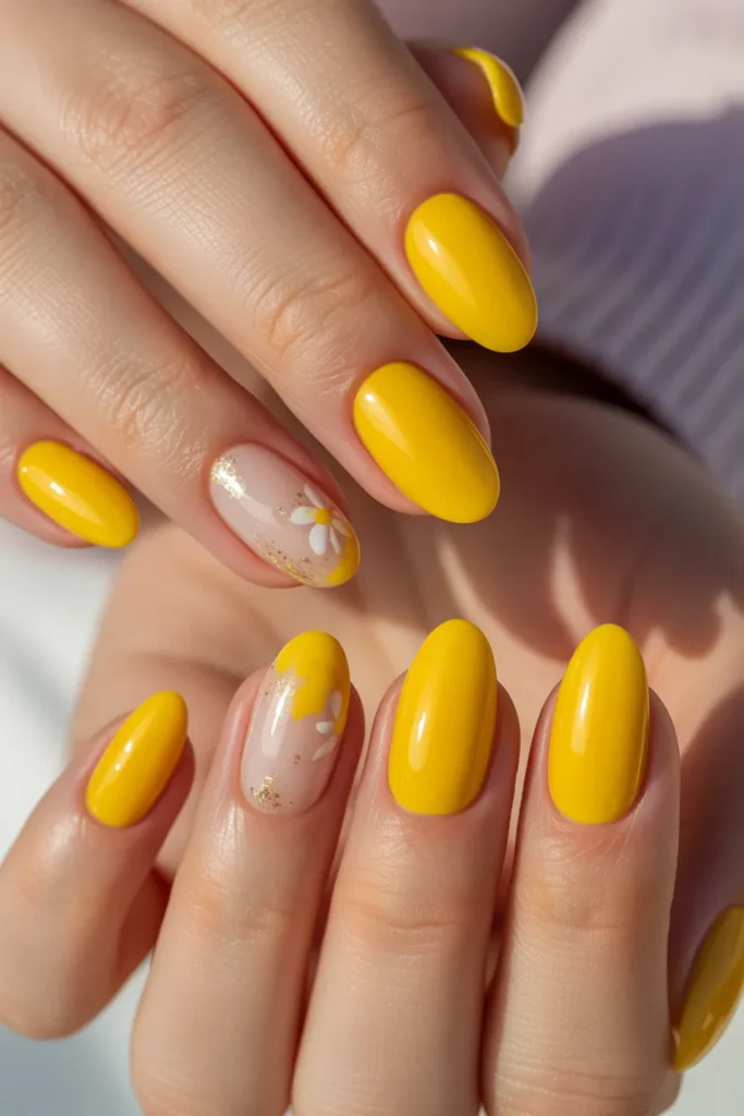 Lemon yellow glossy gel nails