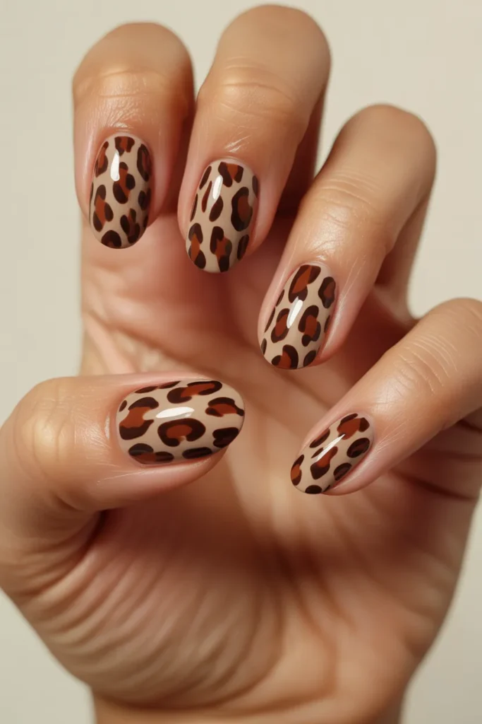 Leopard print nails in chocolate and beige tones