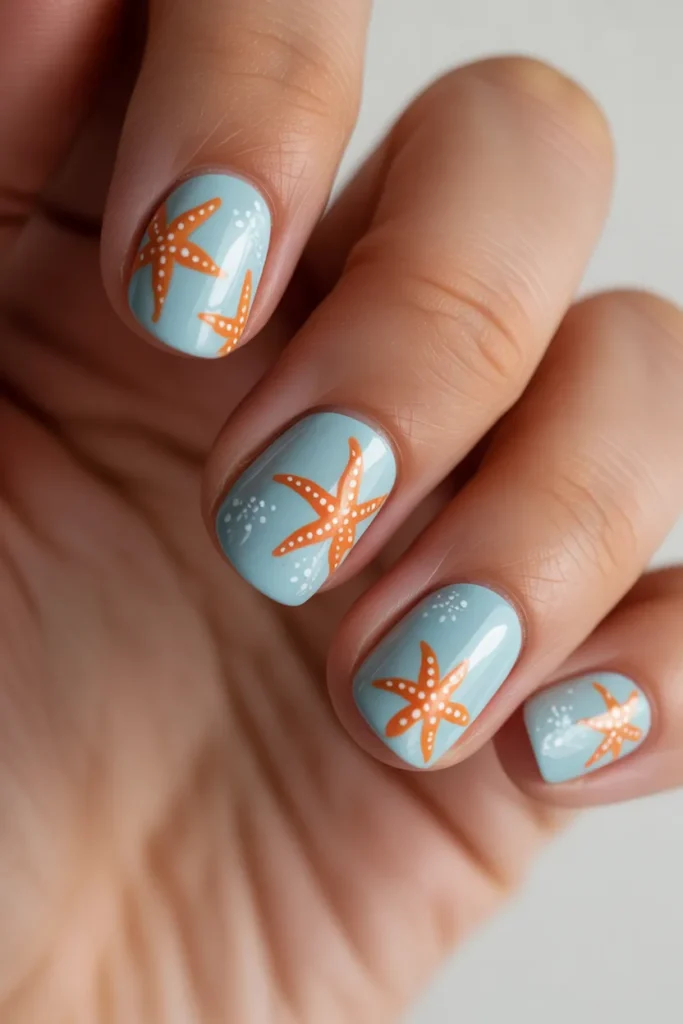 Light blue nails with small orange starfish designs