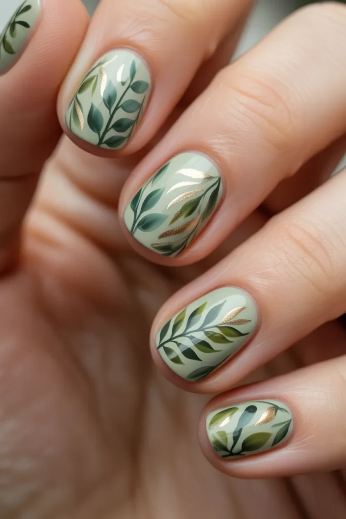 Light green nails with leaf patterns, botanical nail art