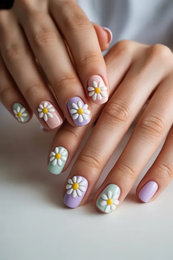 Light pastel nails with 3D daisy flowers
