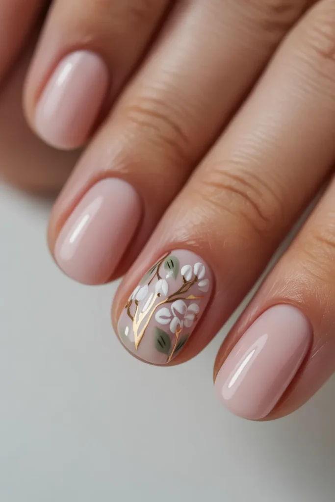 Light pink nails with one detailed floral accent nail