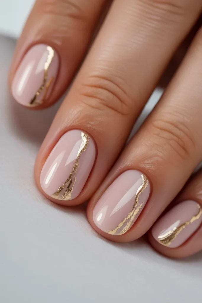 Light pink nails with thin gold foil accents
