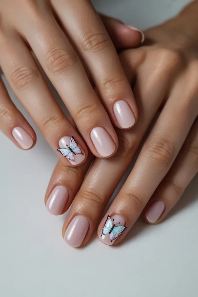 Light pink nails with tiny butterfly nail art on one or two fingers