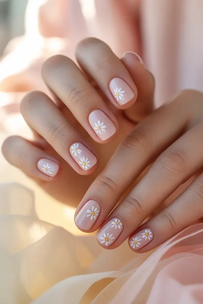 Light pink nails with white daisy flowers