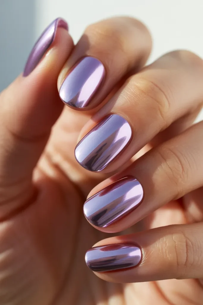 Lilac chrome gel nails with reflective shine