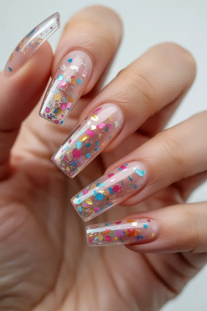 Long clear acrylic nails filled with colorful confetti pieces