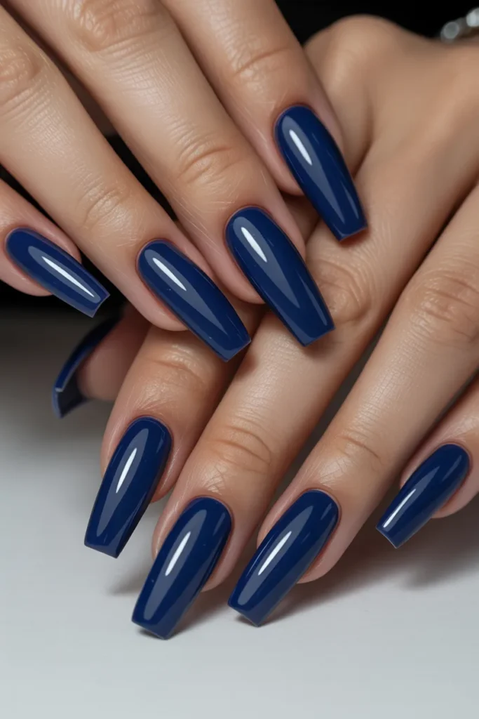 Long coffin dark blue nails