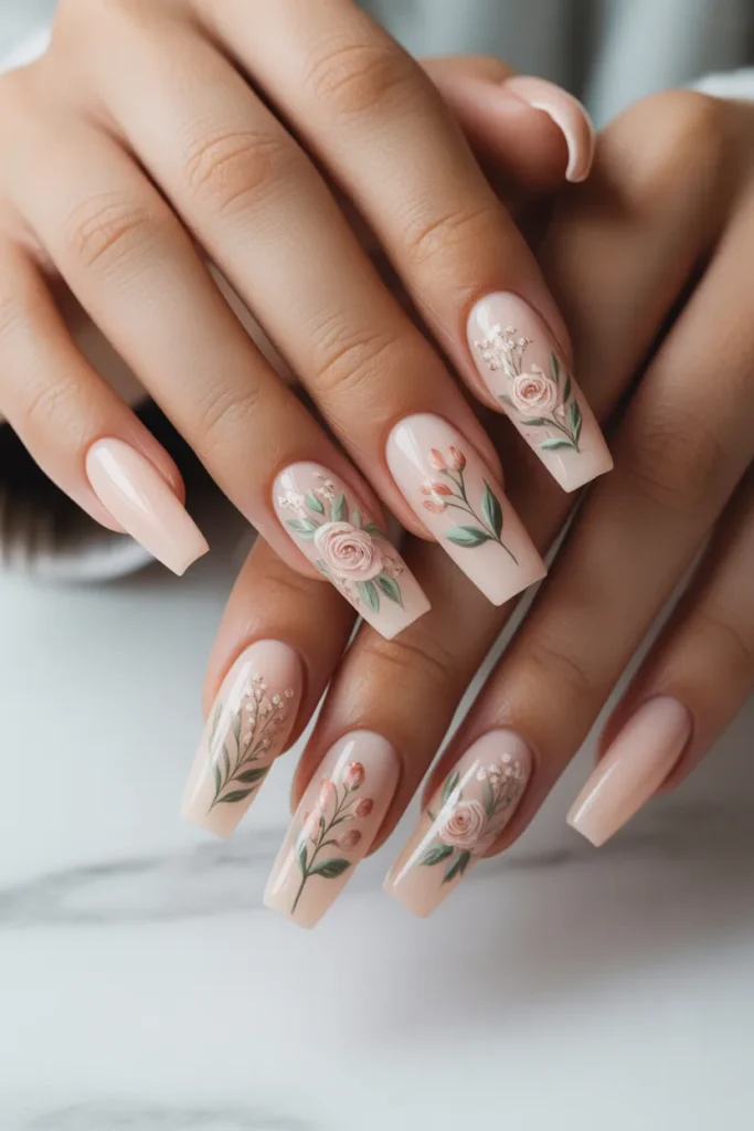 Long coffin nude nails with floral art