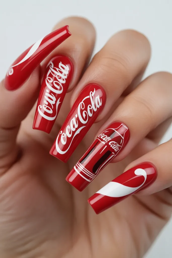 Long coffin-shaped nails with bold Coke-inspired designs