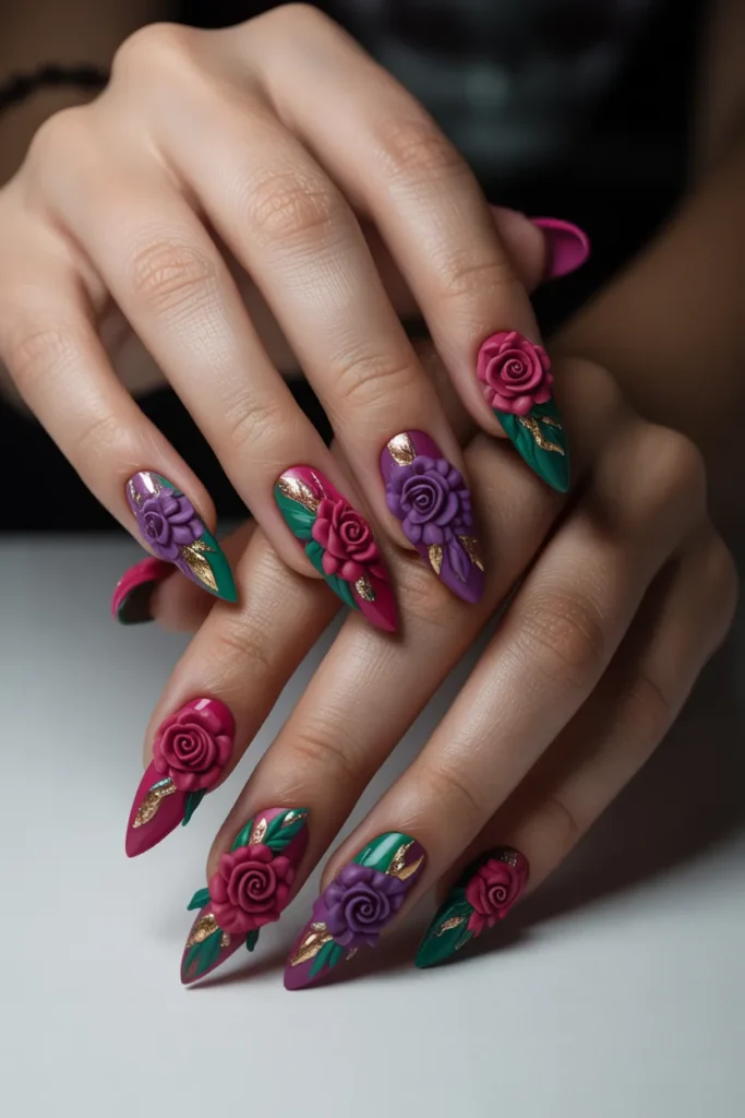 Long stiletto nails with bold 3D floral designs