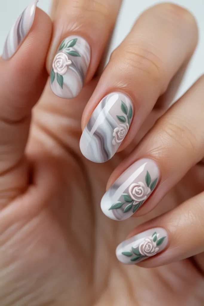 Marble effect nails with floral accents