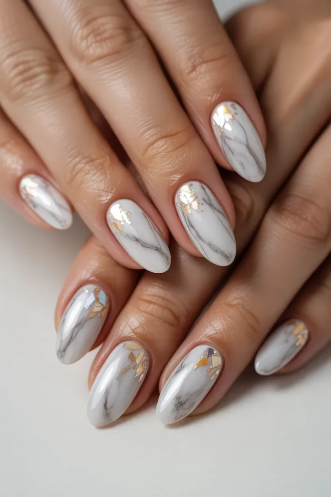Marble nail base with subtle confetti accents