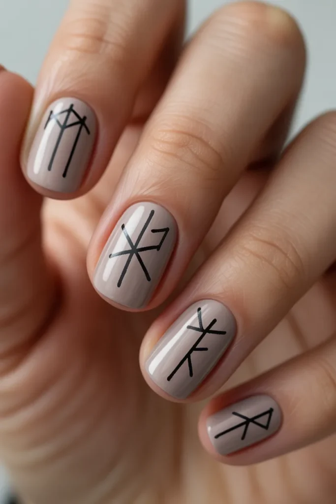 Matte beige nails with handwritten rune-like symbols