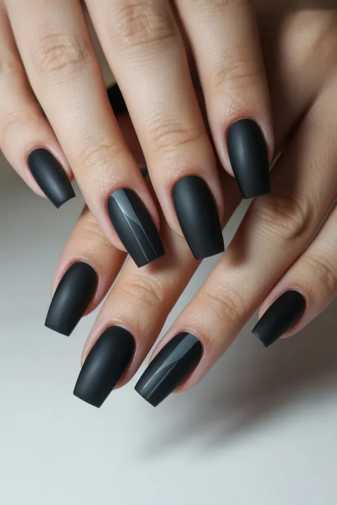 Matte black coffin nails, minimal nail design