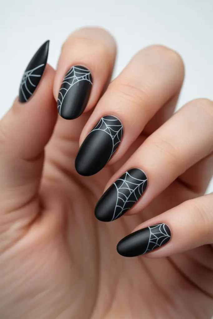 Matte black nails, white spider web design, almond nails
