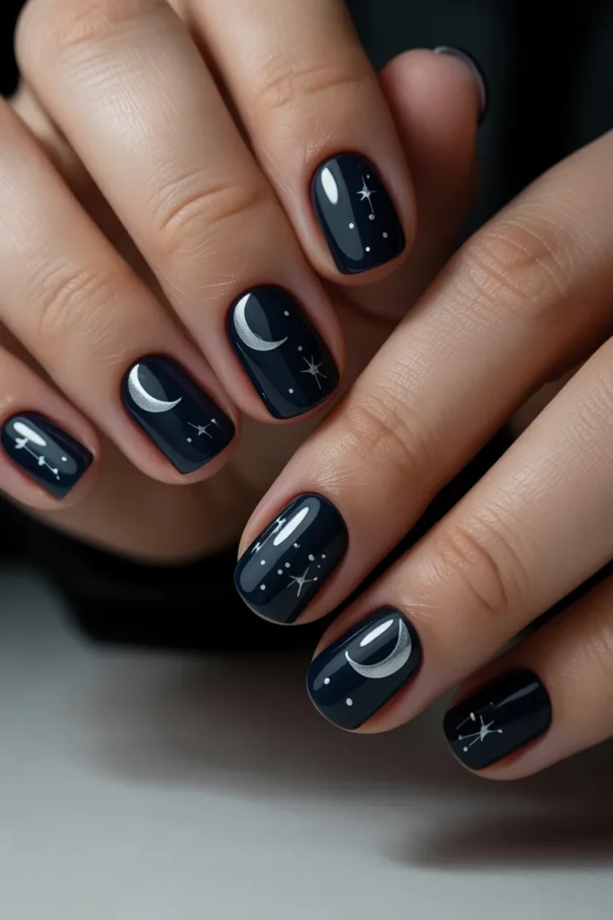 Matte black nails with subtle glossy crescent moons and tiny stars