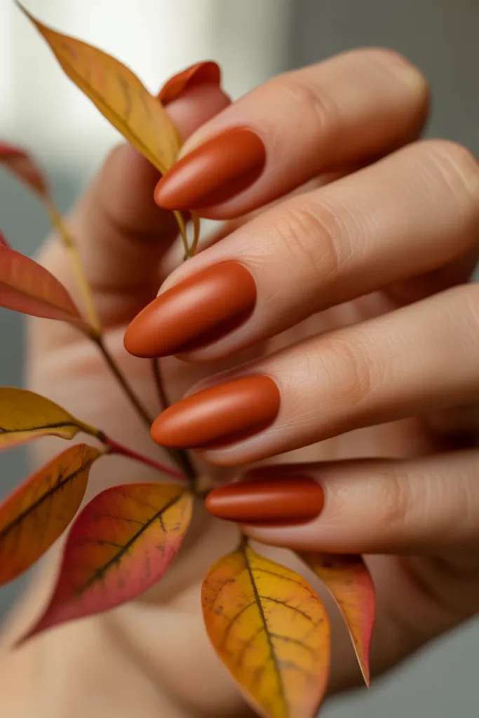 Matte burnt orange almond nails with soft lighting