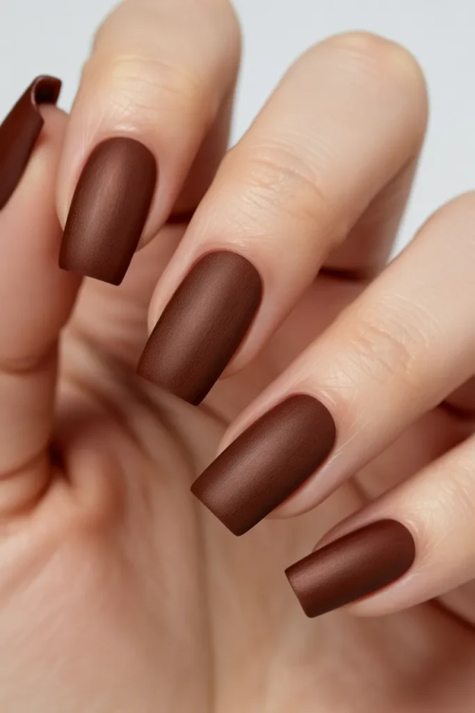 Matte chocolate brown nails with a soft velvet texture, coffin shape