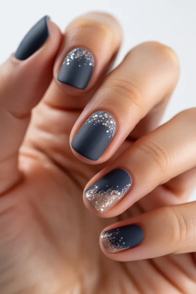 Matte dark blue nails with glitter details