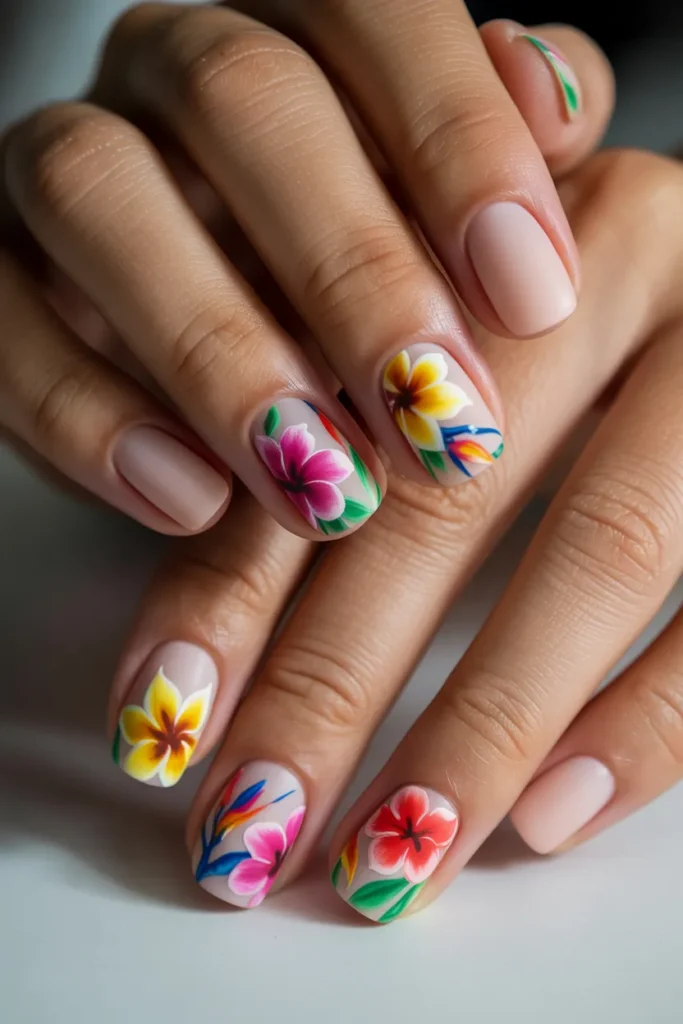 Matte finish nails with colorful tropical flowers