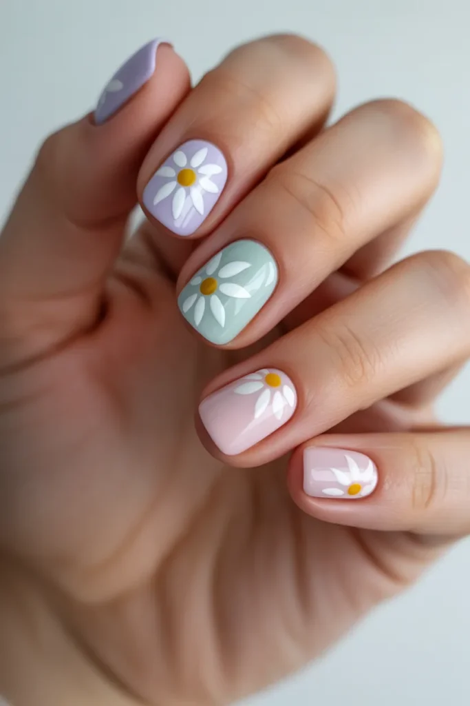 Matte finish nails with daisy designs, soft pastel colors