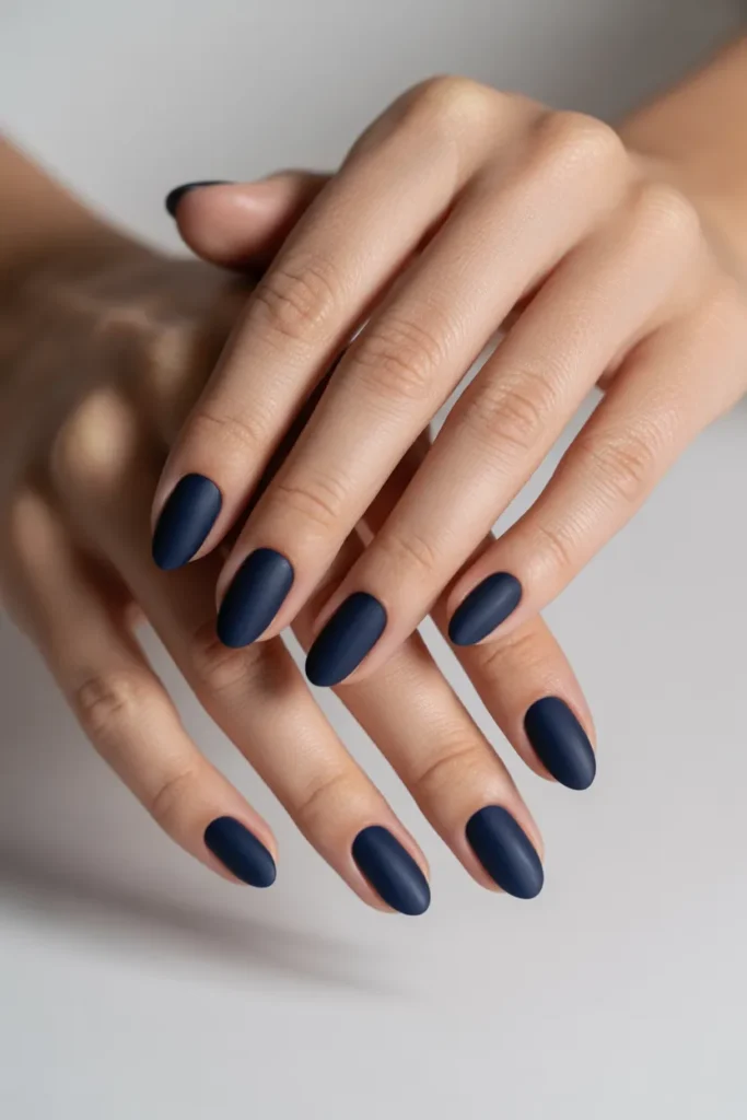 Matte midnight blue nails, almond shape