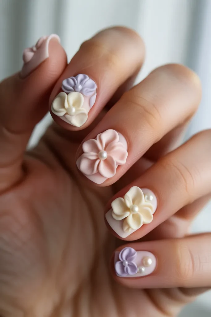 Matte nails with 3D floral art