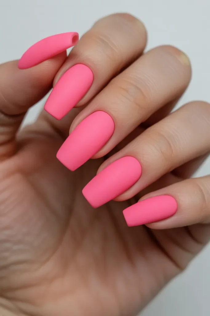 Matte neon pink coffin nails with soft lighting