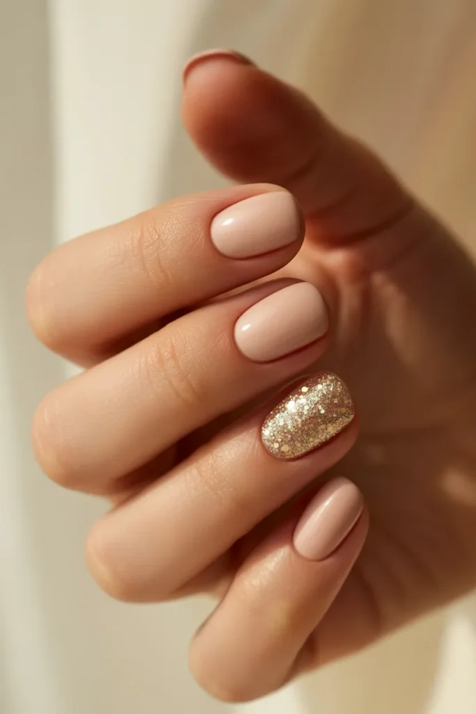 Matte nude nails, glitter accent nail