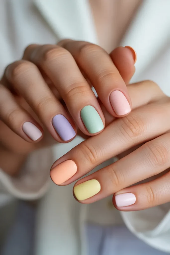 Matte pastel nails in different shades on each finger