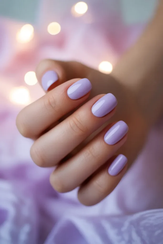 Matte pastel purple nails with soft lighting