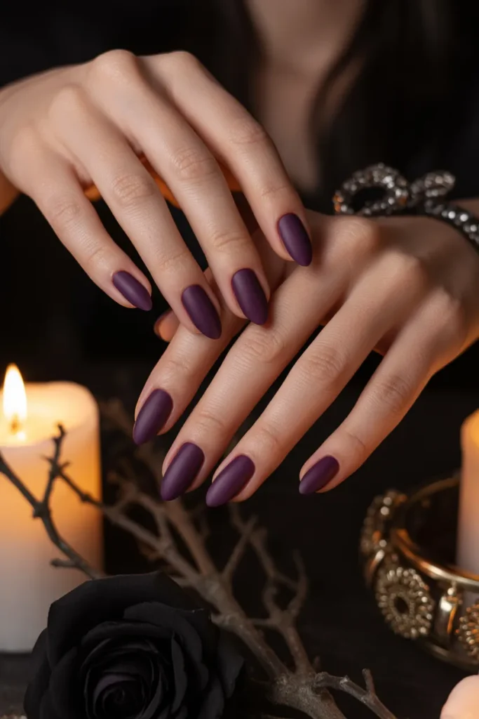 Matte purple nails, dark aesthetic