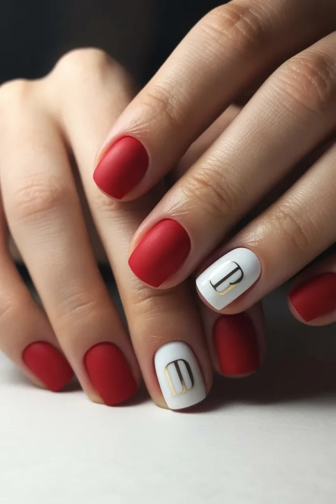 Matte red nails with white logo accent nail