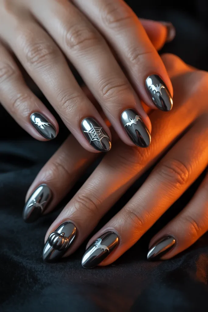  Metallic Halloween nails, chrome black polish