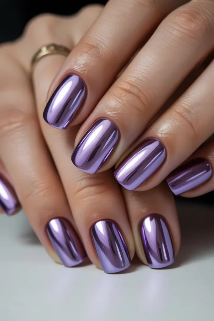 Metallic lavender chrome nails