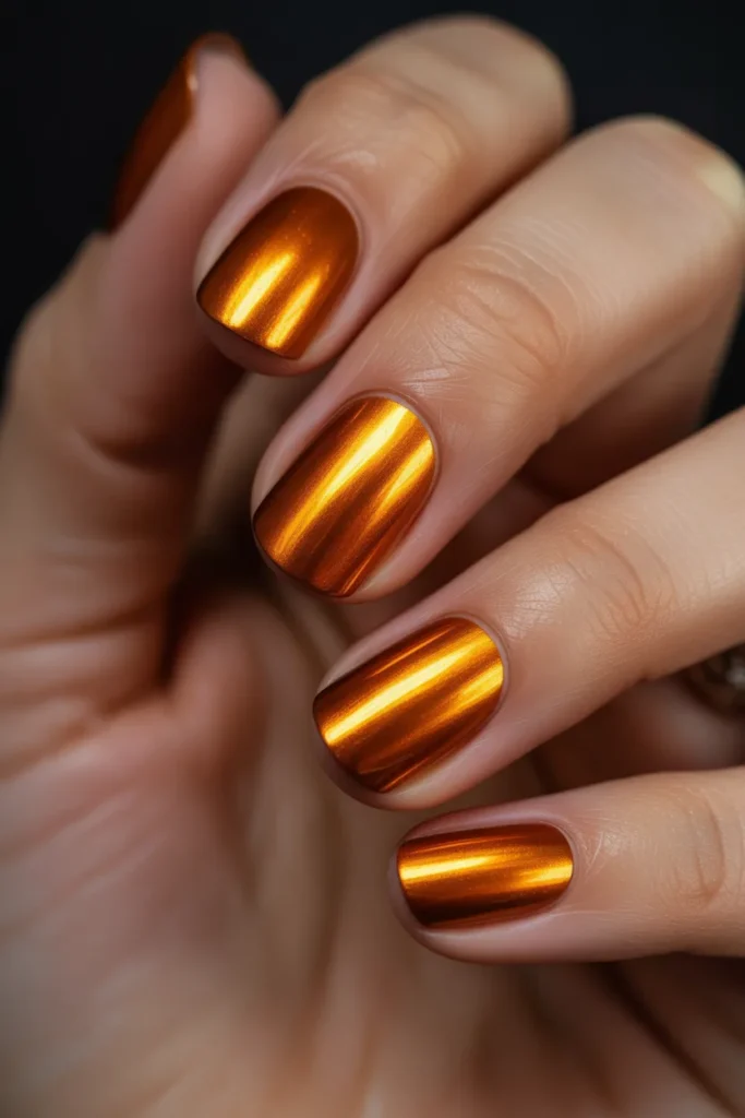 Metallic orange chrome nails reflecting light