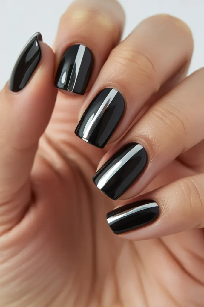Metallic stripe nails, black base