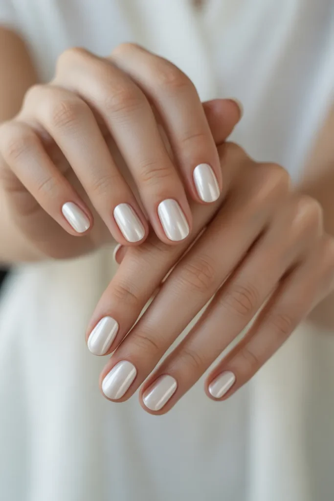 Milky white nails with glossy finish, soft Japanese aesthetic