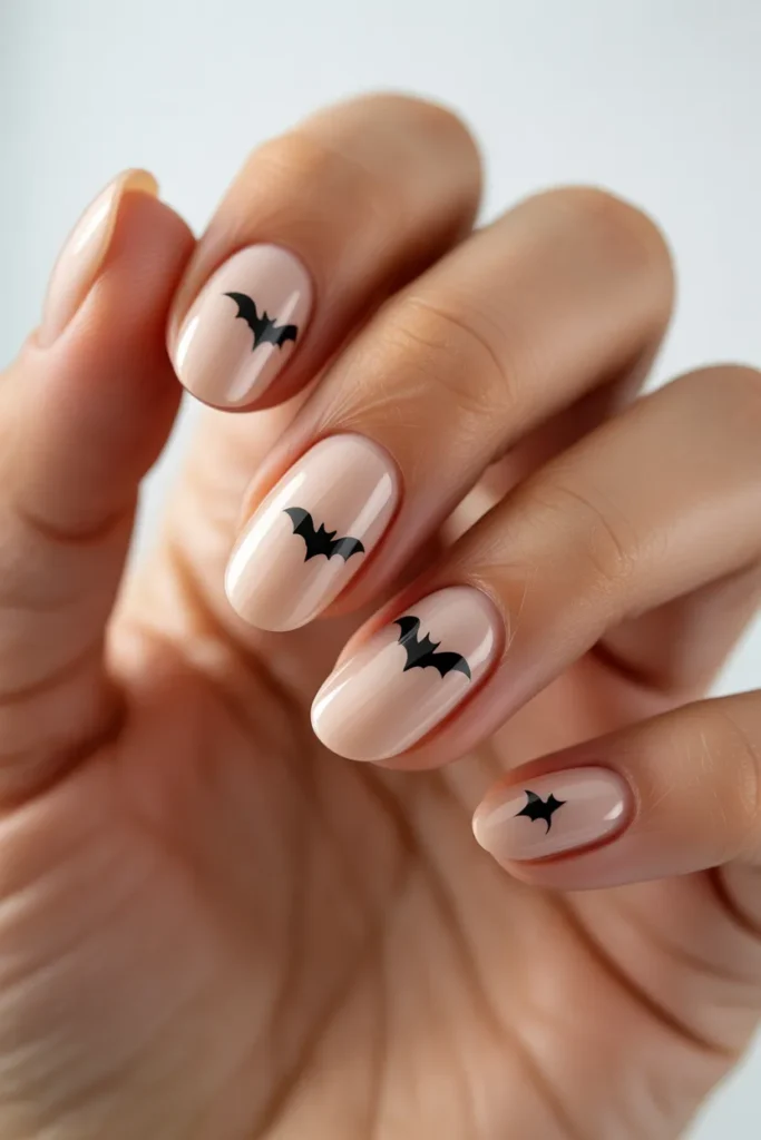 Minimal bat nail art, nude nails