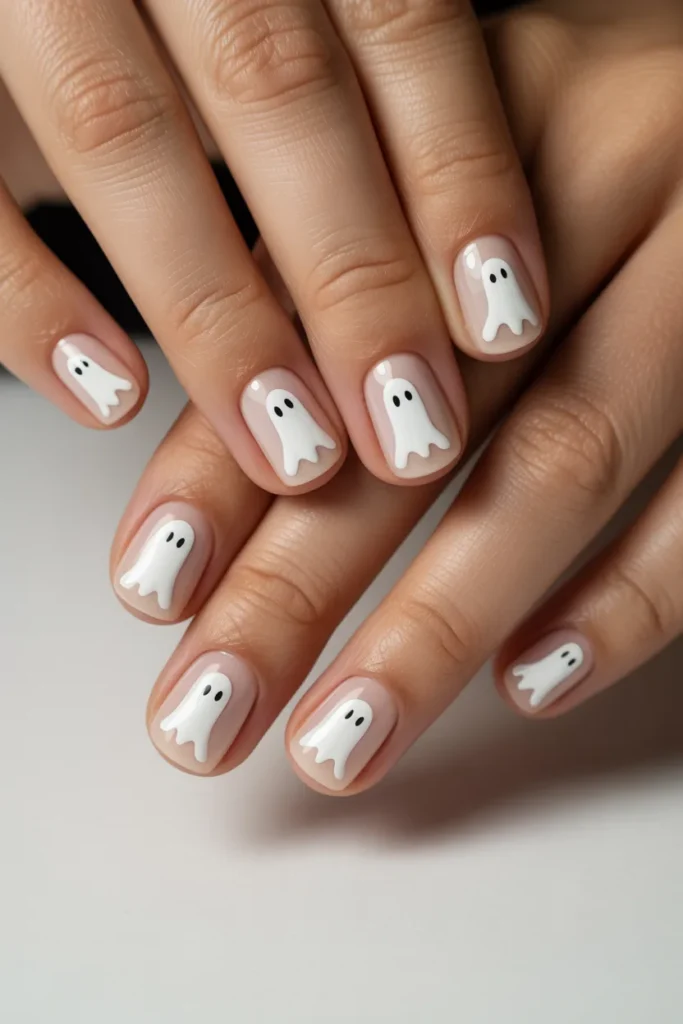 Minimal ghost nail art, white ghosts on nude nails