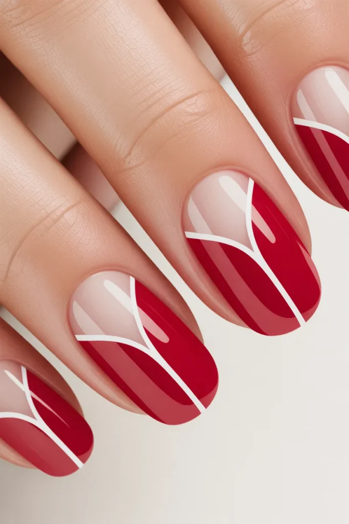 Minimalist red nails with thin white lines